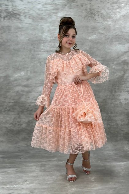 Children's Evening Dress with Lace Bag Graduation Gown Aby257