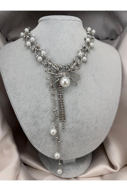 Pearl Detailed Silver Women's Necklace with Stones, Stylish Evening Dress Necklace, Pendant Design
