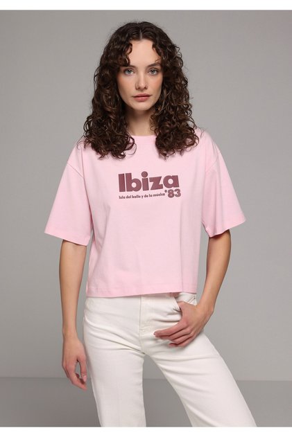 Regular Fit Round Neck Printed Women's Pink Short Sleeve T-Shirt