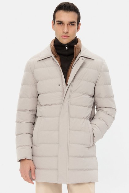 Ds Damat Regular Fit Stone Windproof Quilted Coat with Removable Inner Collar
