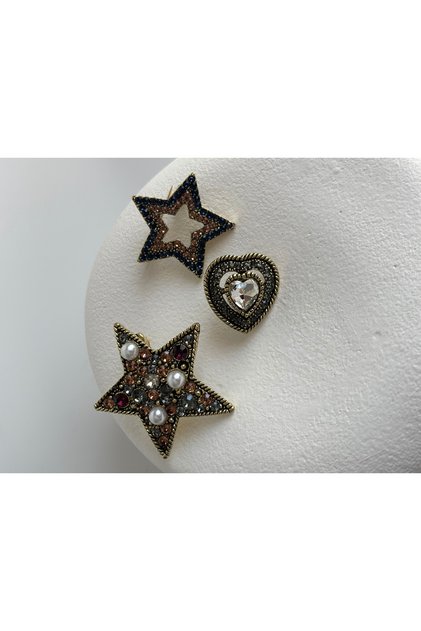 3lü Broş Seti Zirkon Taşlı, İncili, Yıldızlı (Yıldız 4 cm)