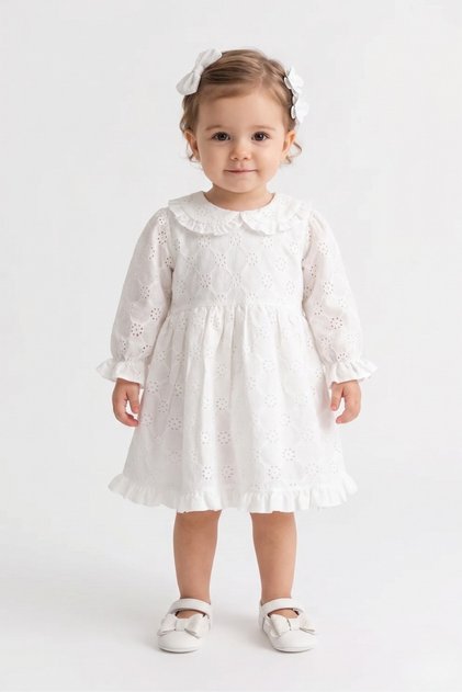 White Long Sleeve Scallop Collar Detailed Baby Girl Dress - Jesicca