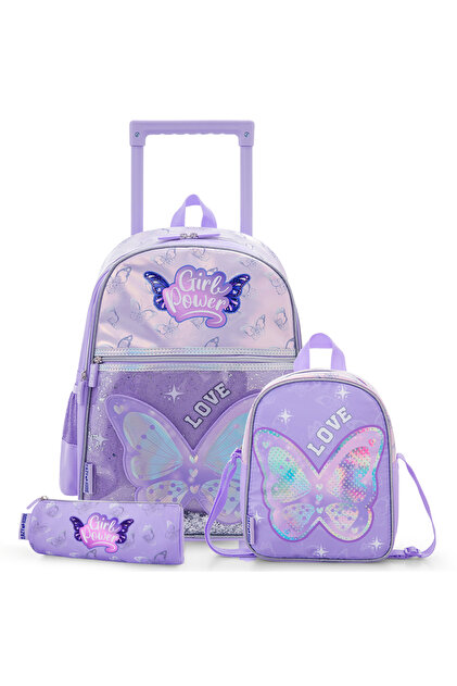 16” Trolley School Bag Set of 3 with Wheels – Backpack, Lunch Bag & Pencil Case w/ Laptop Compartment-Girl Power Purple