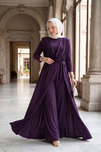Degaje Yakalı Beli Kuşaklı Etekli Tulum Mürdüm