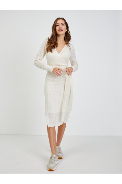 Rochie pulover de damă crem, perforată, cu cordon în talie