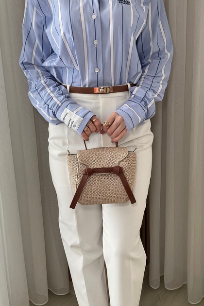 Women's Straw Look Tan Handle Detailed - Adjustable Long Strap Hand and Shoulder Bag