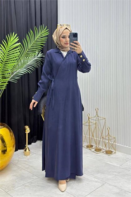 Women's Navy Blue Cuff Detailed Embellished Hijab Ferace Dress --- Nms097