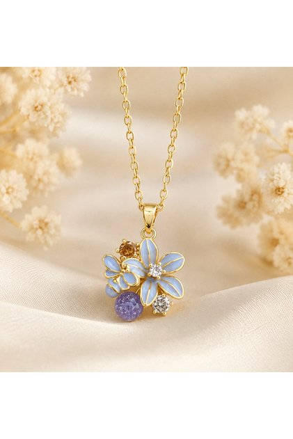Gold Color Blue Enamel Flower Figured Stone Women's Necklace