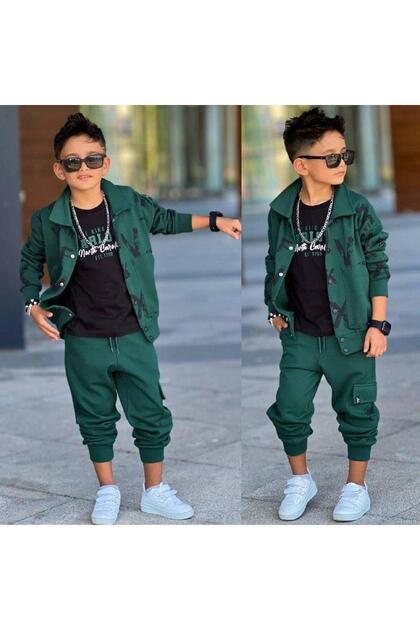 Boys' 3-Piece Green Tracksuit Set – Printed Zip-Up Top and Jogger Bottom 60290-Y