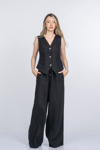 Women's Summer Black Samira Premium Linen Fabric Vest Pants Set Stylish Daily Comfortable Two-Piece 1321