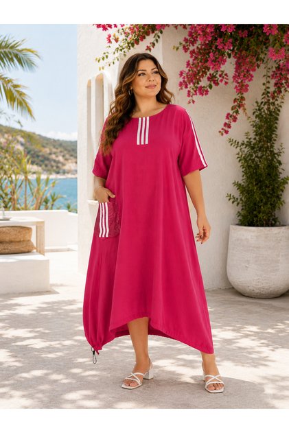Plus Size Crew Neck Cargo Pocket Stone Capri Sleeve Skirt Hem Rubber Detailed Women's Dress