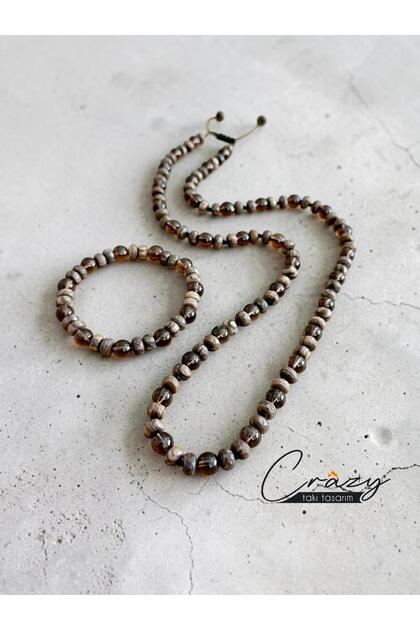 8 mm Smoky (Smokey) Quartz & Jasper Natural Stone 70-80 cm Long Men's Necklace (with Bracelet as a Gift)