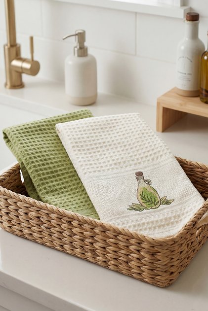 Set of 2 Cotton Waffle Kitchen and Drying Towels | High Absorbency, Fast Drying | 45X70 cm