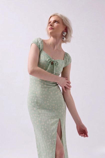 Women's Green Floral Patterned Slit Thick Strap Dress