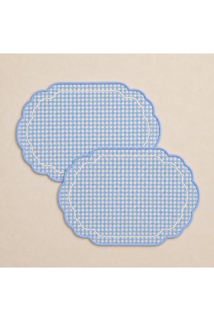 2-Piece Blue Gingham Frame Embroidered Placemat 45X30 – Premium Duck Fabric & Liquid Repellent