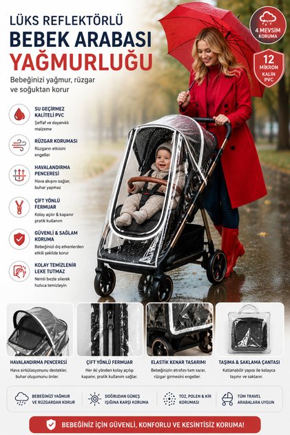 Luxury Reflective Baby Stroller Rain Cover 12 Micron Phthalate-Free Suitable for Travel Tests Completed.