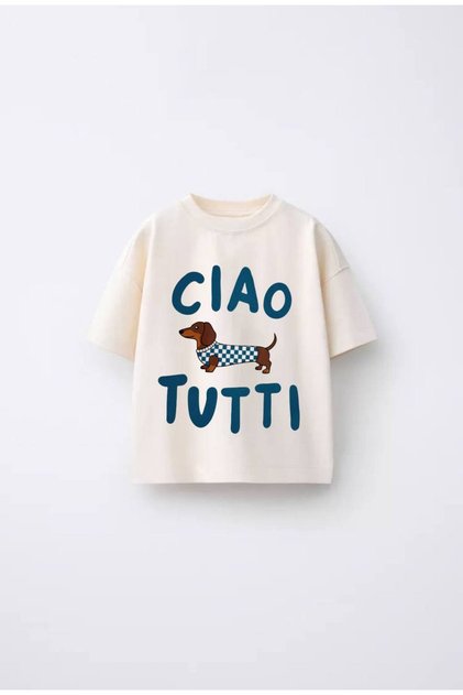 Children's Ecru Ciao Tutti Printed Cotton T-Shirt with Sausage Dog Figure
