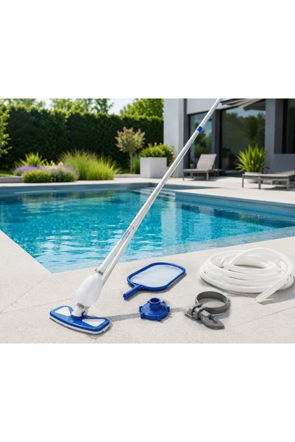 Set de curatare piscine idealSTORE, Debit pompa filtrare 2006L/h, Lungime furtun aspirare 7.5m, Tija de aluminiu 2.79, Sac colectare reutilizabil, Curatare eficienta