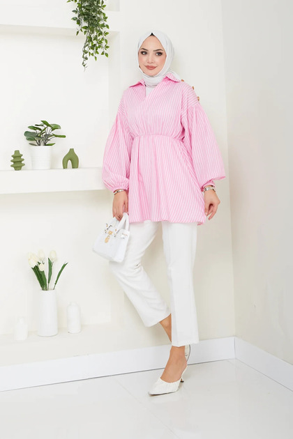 Striped Shirt with Elastic Waist and Button Detail on the Shoulders