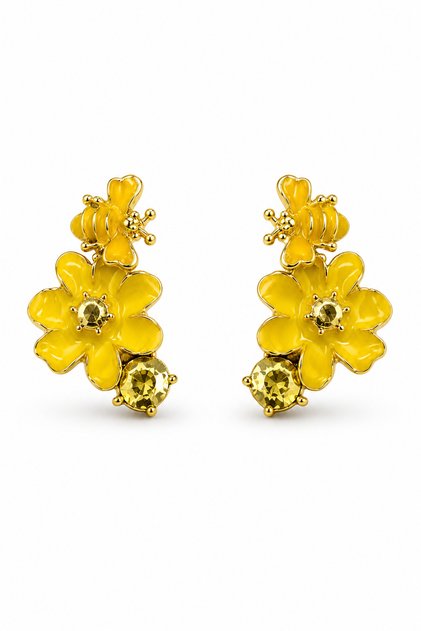 Summer Luxury Women's Yellow Flower and Bee Detailed Enamel Steel Earrings