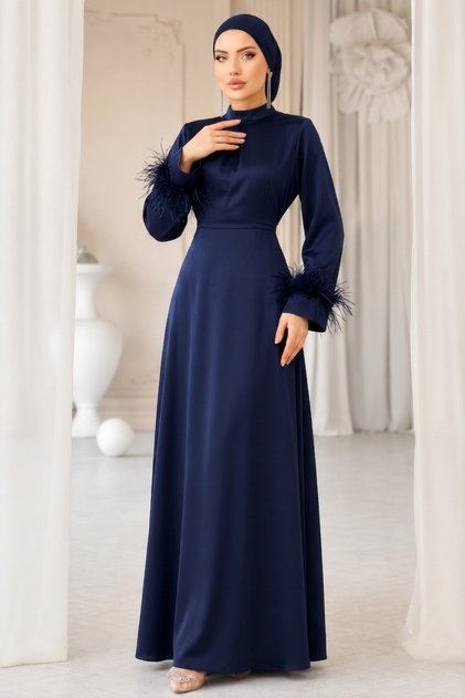 Satin Hijab Graduation Evening Dress with Feather Detail on the Sleeve, Suitable for Events and Engagement