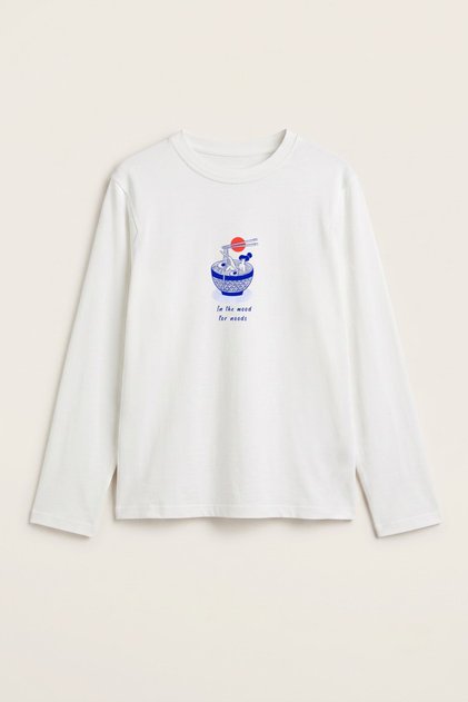 Tricou cu mânecă lungă pentru femei, alb, cu imprimeu Noodle Mood – Țesătură elastică, croială confortabilă, decolteu tip crew neck