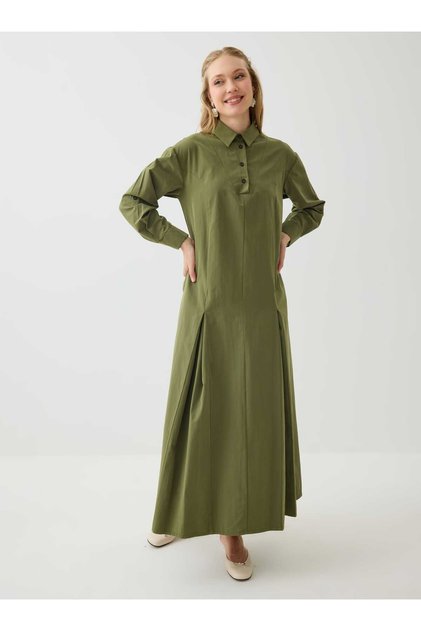 Shirt Collar Pleated Detailed Hijab Dress - Khaki -