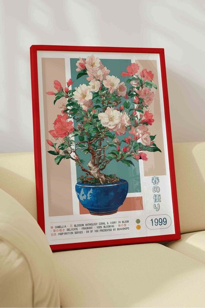 Camellia Flower Pot Painting Pastel – Botanical Anime Art Poster – Red Framed