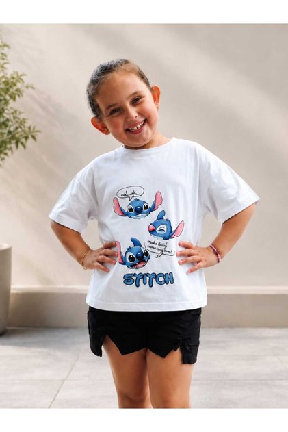 Girl's Stitch Printed White Cotton Crew Neck T-Shirt