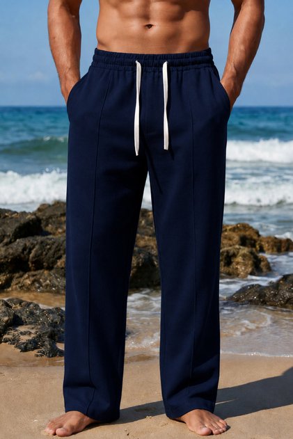 Men's 100% Linen Comfortable Fit Elastic Waist Summer Linen Trousers with Pockets Daily Casual Beach Pants