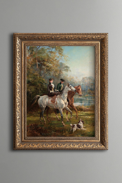 Riders by the Lake – Vintage Patterned Painting – Thick Model