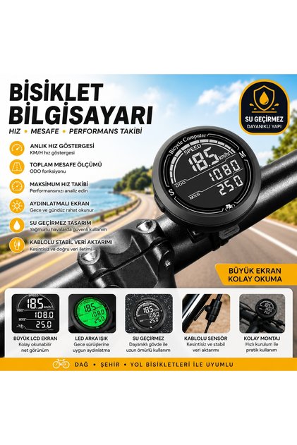 🚴 Bisiklet Bilgisayarı KM Saati Hız ve Mesafe Ölçer Su Geçirmez LED LCD Ekranlı Yol Bilgisayarı
