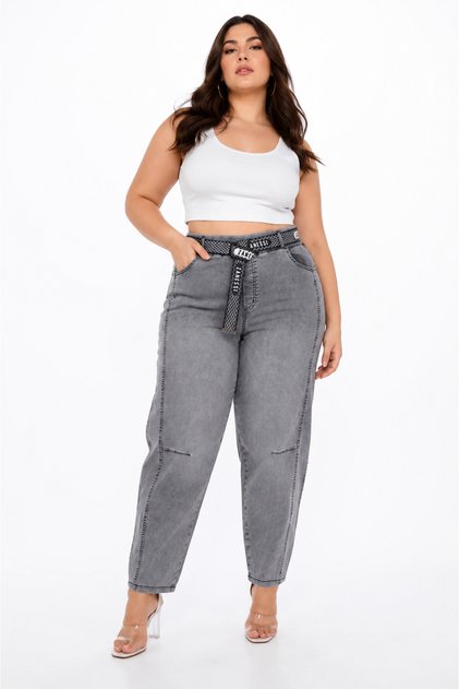 Plus Size Denim Belted High Waist Mom Women's Pants