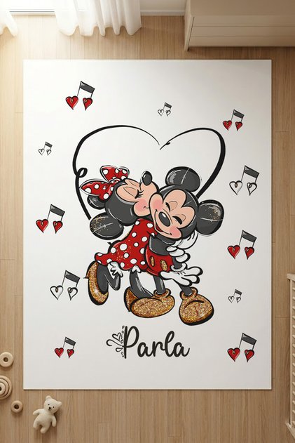 İsme Özel 7mm Dijital Baskı Çocuk Halısı Mickey & Minnie