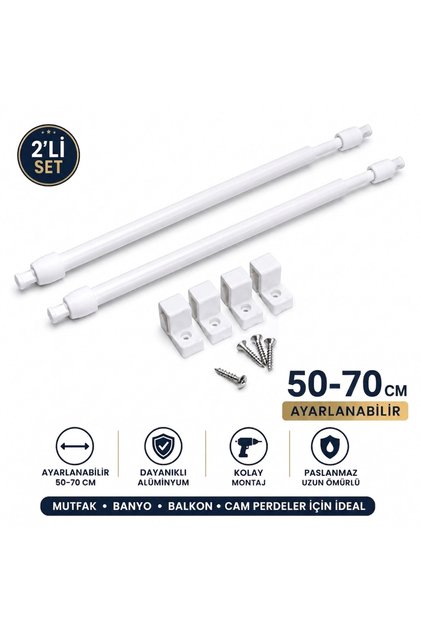 Başlık 60-80 Cm Ayarlanabilir Briz Çubuğu 2’li Set | Alüminyum Teleskopik Perde Çubuğu | Vidalı Montaj Aparatlı | Beyaz | Mutfak & Banyo Perdesi