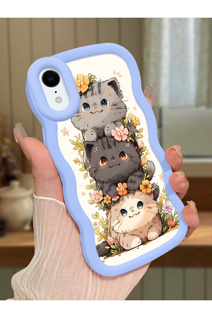 iPhone Xr Compatible Case Camera Protector Blue Silicone Couple Phone Case Cat Pattern
