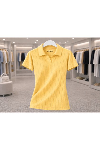 Kadın Polo Yaka Fitilli Triko Bluz Kısa Kollu Yazlık Günlük Şık