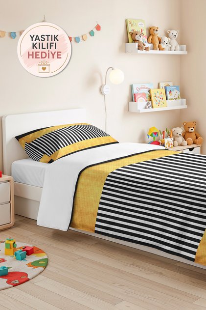 Yellow Black Striped Young Room Single Pique Set - Geometric 160X220 cm Quilted Bedspread