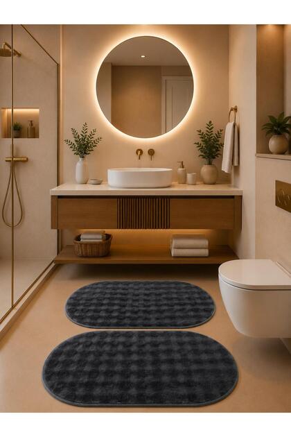 Bubble Embossed Color Anthracite Soft Plush Bathroom Rug Set of 2 Non-Slip Base Washable Without Fringe 50X80(Oval)60X100(Oval)