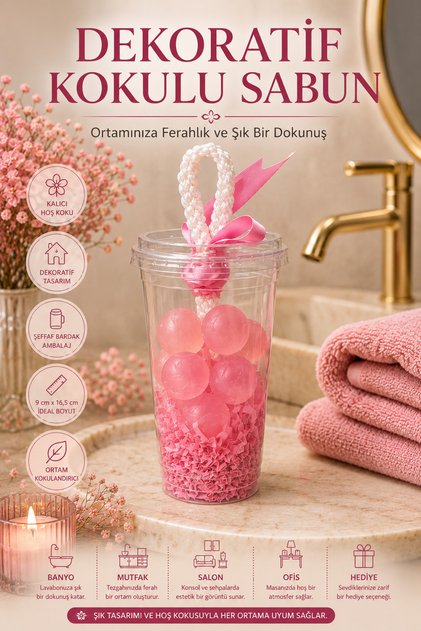 Pembe Dekoratif Kokulu Sabun Bardak Aranjmanı Ortam Kokulandırıcı Şık Tasarım Banyo Ofis Salon Dekor
