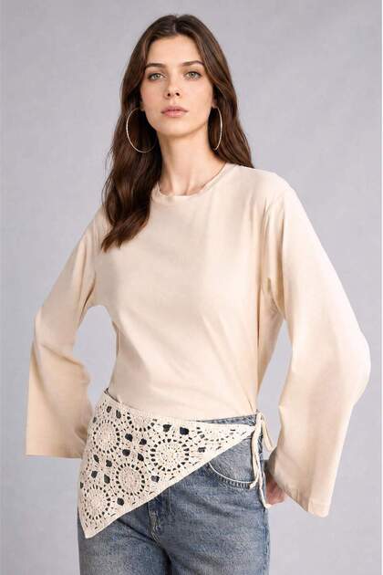 %100 Pamuk Relax Fit Penye Uzun Kollu Taş Tunik H7196AX26SM