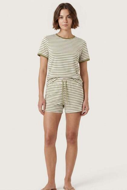 Women's Striped Oysho T-Shirt and Shorts Set-Striped Green