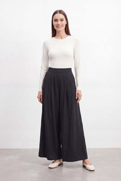 Women's Wide-Leg Woven Trousers with Elastic Waist – 18310Pnt Black