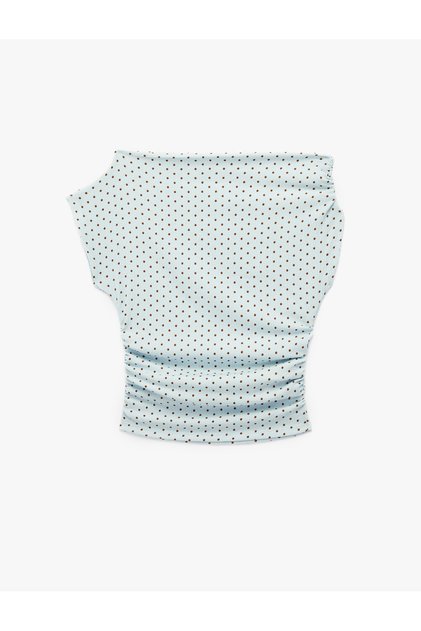 Bürümcük Fabric Asymmetric Collar Short Sleeve Draped Slim Fit Polka Dot Blouse