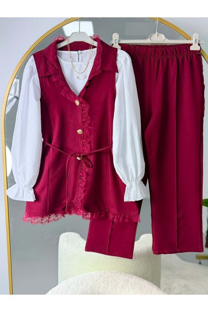 Set din două piese Vera cu dantelă și detalii, cu legături, culoare burgundy