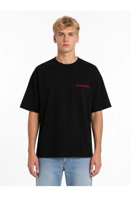 Unisex Women's Men's Say Masallah Written Logo Front Printed Oversize Thick Fabric Relaxed Cut Cotton T-Shirt