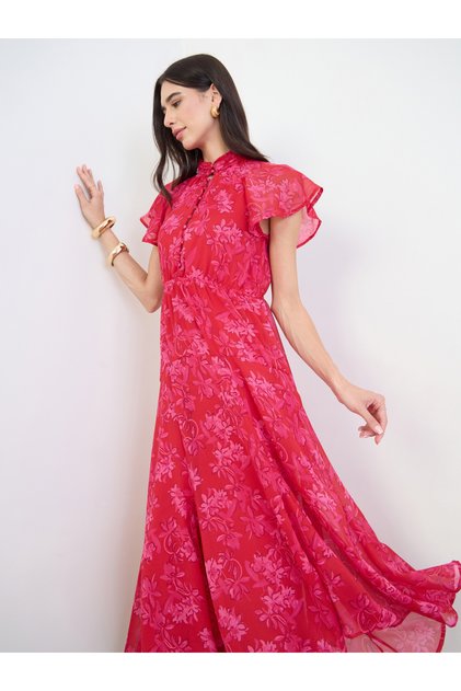 Pink Floral Ruffle Sleeves A-Line Maxi Dress