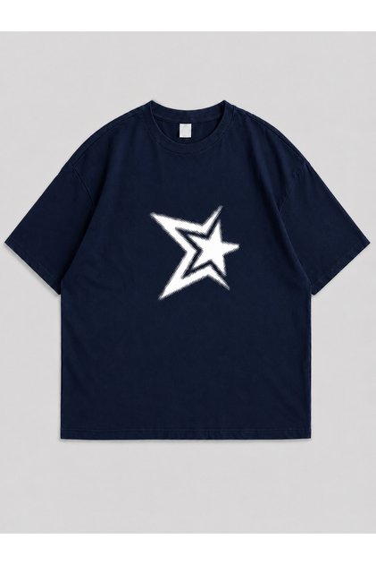 Unisex Y2K Star Printed Oversized T-Shirt Navy Blue