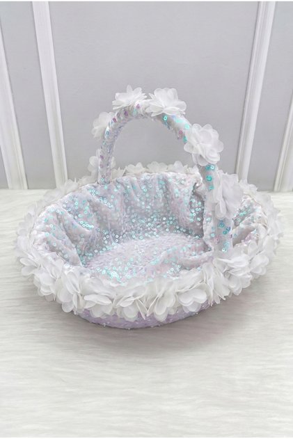 White Janjan Bridal Henna Night Basket, Sparkling Sequin Velvet and Three-Dimensional Laser Flowers, Wedding Marriage Promise Engagement Circumcision