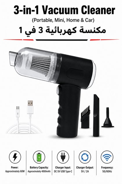 3-In-1 Vacuum Cleaner Cordless Mini Car Vacuum Cleaner USB Type-C Rechargeable Handheld Portable Vacuum Cleaner for Car Home Office Keyboard Cleaning